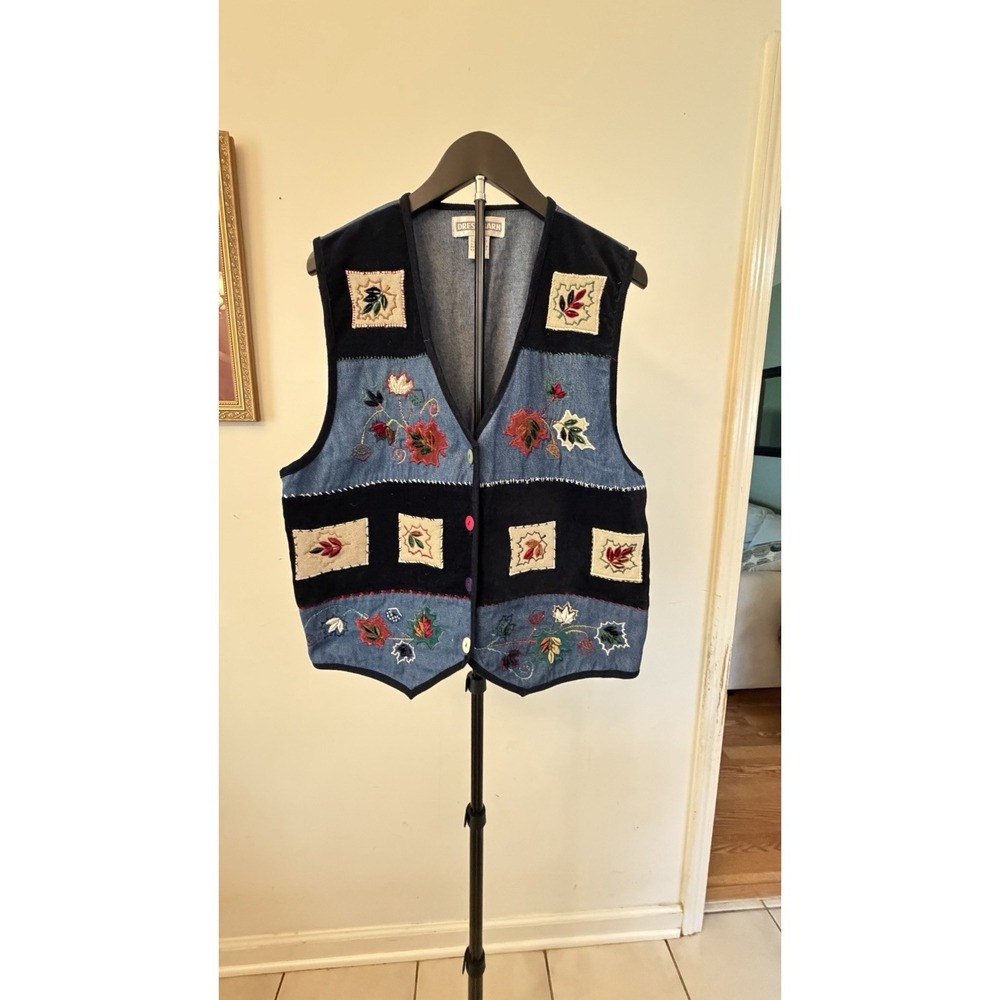 Dress Barn Embroidered Patchwork Denim Vest Blue Black Multicolor XL Button